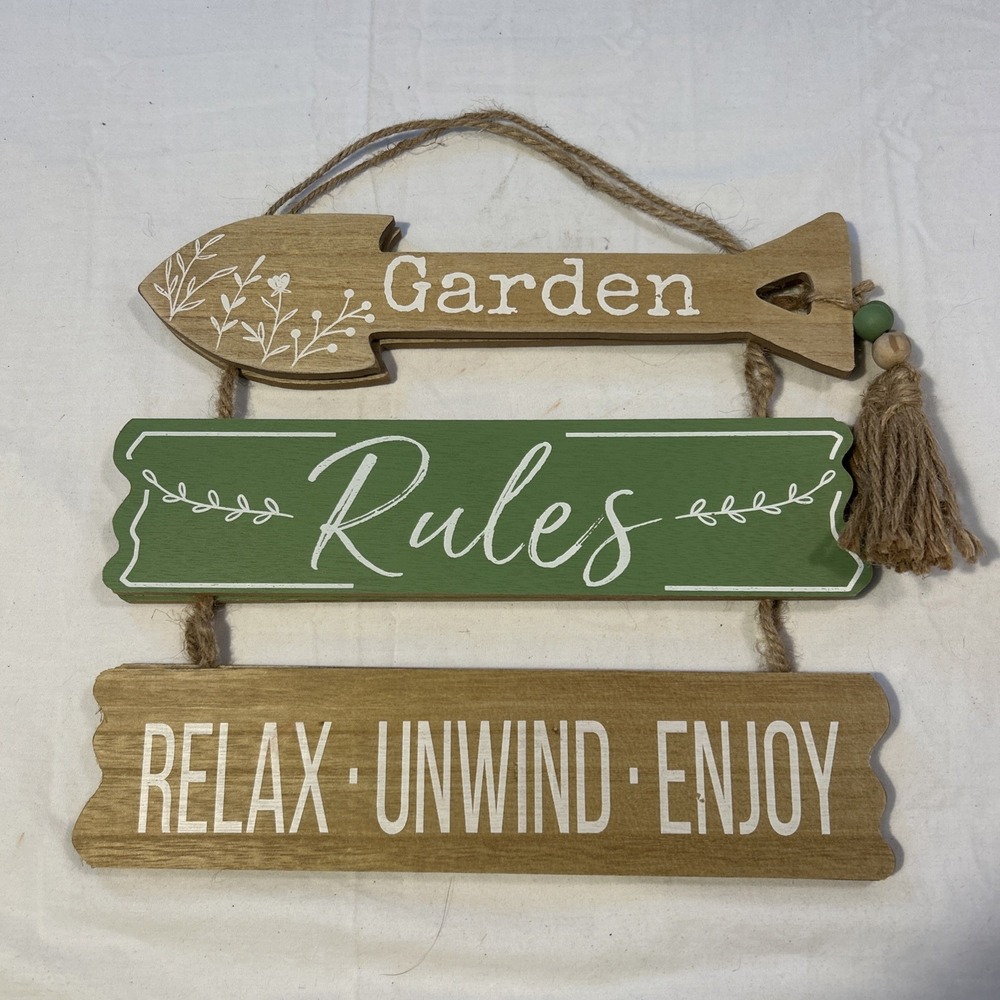 Garden Rules RELAX UNWIND ENJOY Hanging Sign 12" x 10.5" Spring Direction Board